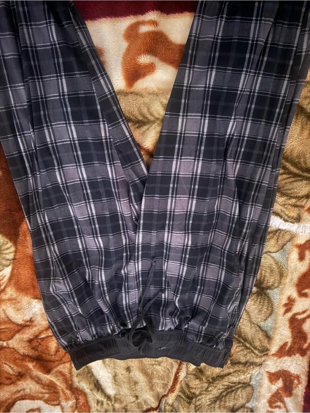 Plaid Mens Lounge Pants - Black & Gray with Red Accent